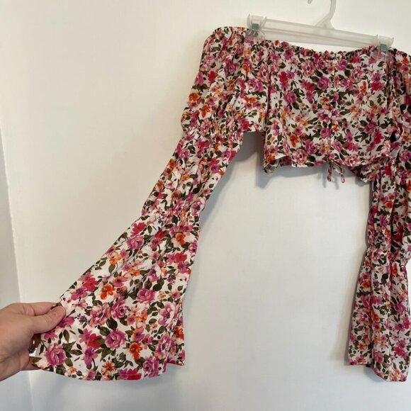 ALMOST FAMOUS Cream Ivory Pink Floral Off the Shoulder Long Bell Sleeve Crop Top - Picture 5 of 12